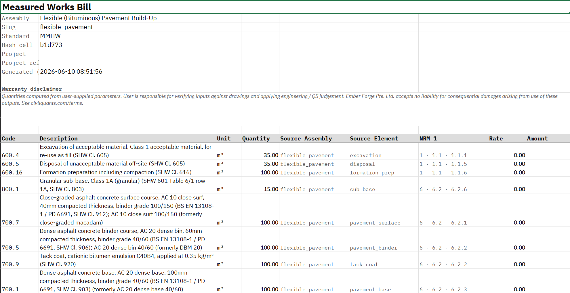 The MMHW bill for the footway build-up as exported to Excel, hash b1d773, with the warranty disclaimer and the per-row source assembly and element columns.