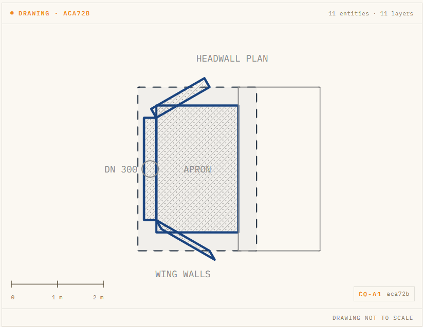 Dimensioned CivilQuants drawing of the default outfall headwall: the back wall pierced by the pipe opening, the splayed wing walls each side, and the hatched apron slab in front.