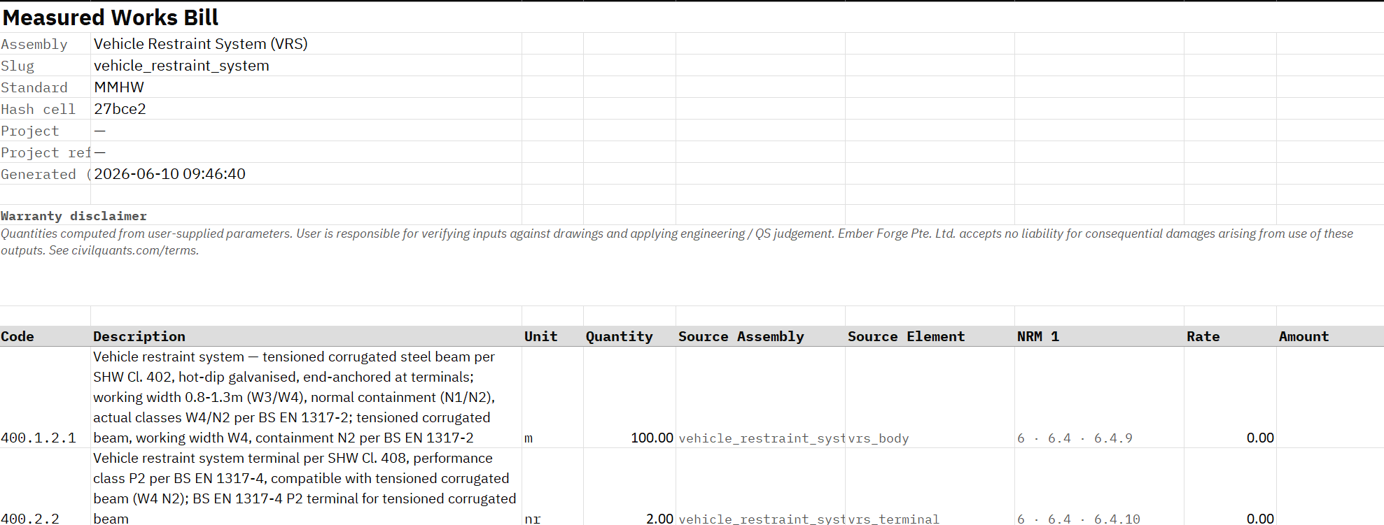 The MMHW bill for the vehicle restraint system as exported to Excel, hash 27bce2, the 100 m beam line and the two enumerated P2 terminals.