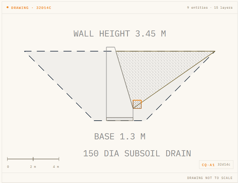 Dimensioned CivilQuants section of the default gravity retaining wall: a trapezoidal mass-concrete section, battered excavation and backfill, with a scale bar.